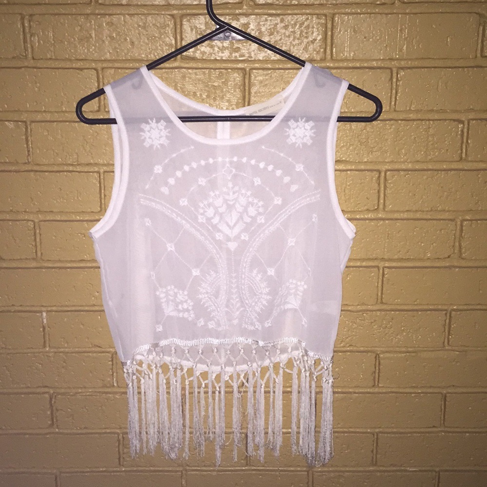 Sheer white crop top with tassels